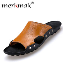 Merkmak Genuine Leather Slippers Men Summer Sandals Breathable Brand Designer Stylish Shoes Real Leather Seaside Beach Flats