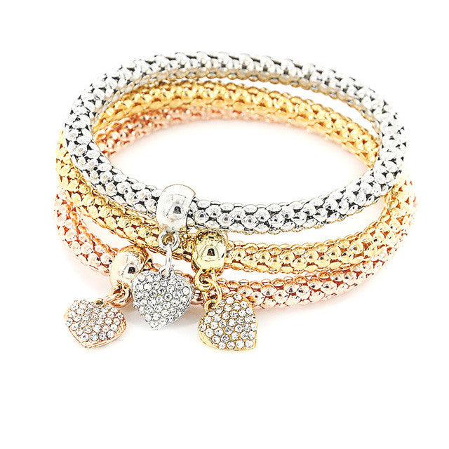 3pcs/lot Heart Charm Bracelets Bangle Women Girl Crystal Jewelry Elastic Bracelets 3 Colors Cute Multilayer Pulseira Masculina