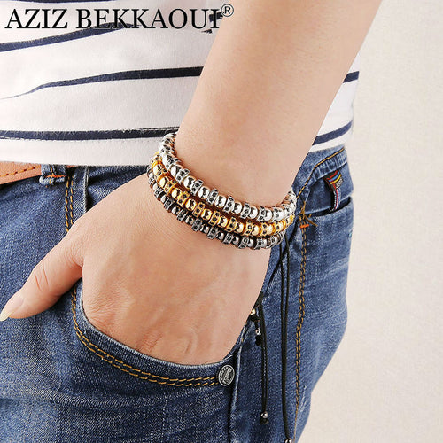 Anil Arjandas Macrame Beads Bracelets For Women Men Yellow Gold Color Micro Pave Black CZ Stopper Round Black Gold Bracelet