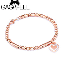 GAGAFEEL Love Heart Bracelet Women Summer Jewelry  Bangles Stainless Steel Rose Gold Color Round Beads Link Chain Bracelets