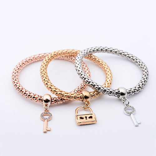 3Pcs Women Girl Charm Love Lock Pendant Bracelet Multilayer Bracelet