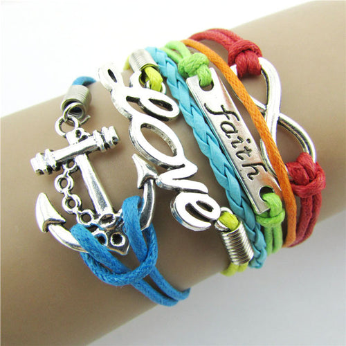 Colorful Infinity Friendship Love Anchor Leather Charm Bracelet  DIY