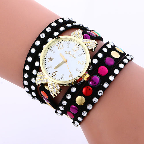 Fashion Colored Diamonds Leather Bracelet Weaving Lady Womans Wrist Watch